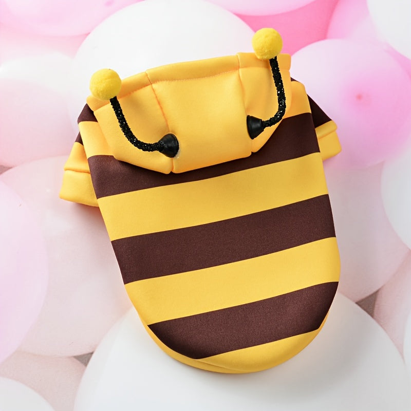 Bee costume hoodie for small to medium pets, suitable for cats and dogs under 8kg. Made from 100% polyester with a cute bee design.