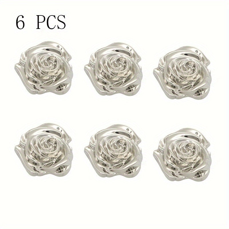 Set of 6 Elegant 3D Rose Buttons made from Alloy, featuring a Simple and Novelty Fashion Style for Women. These versatile Clothing Fasteners are Flower-Shaped Pins perfect for Sweaters, Coats, and Jackets.