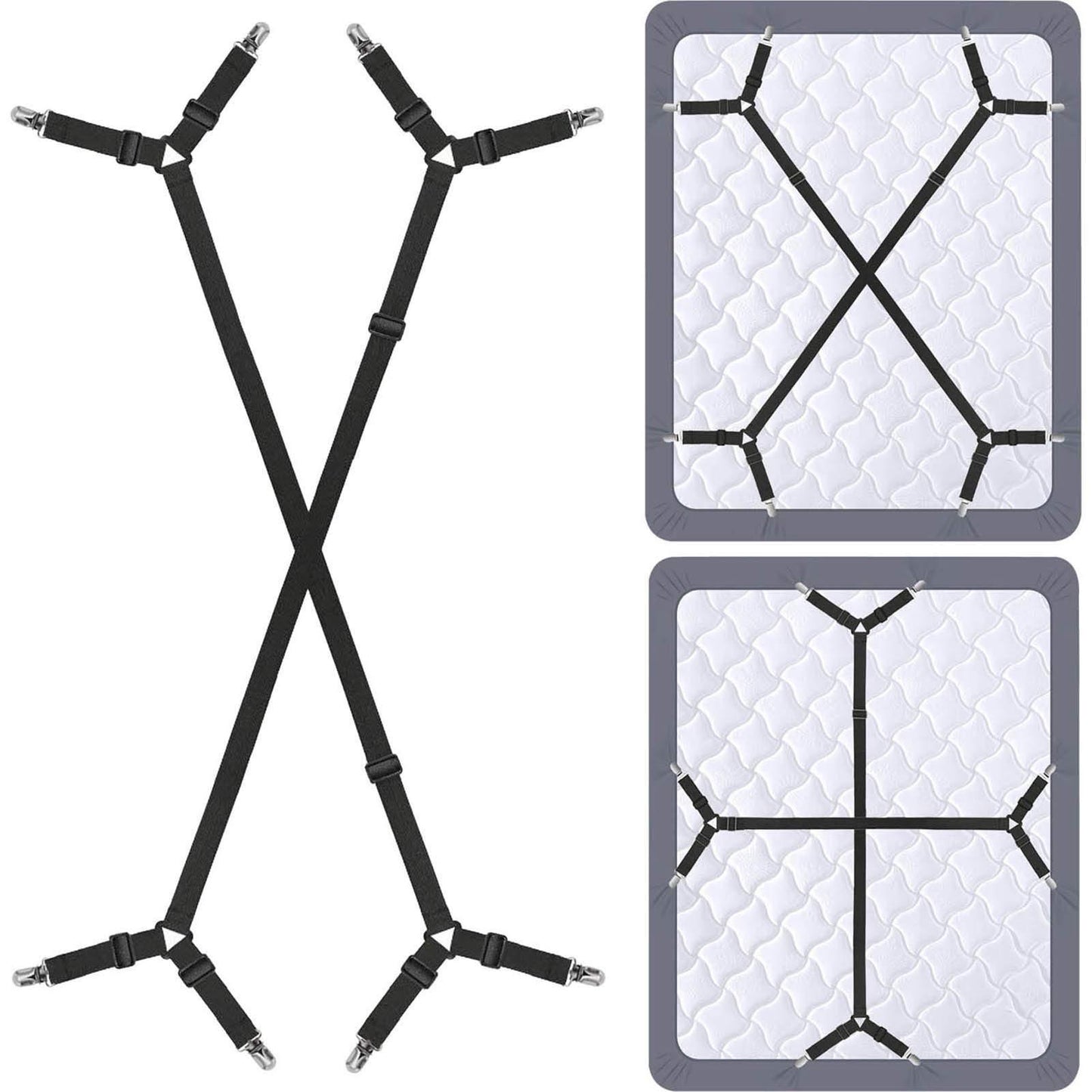 Set of 2 Bed Sheet Holder Straps with Adjustable Crisscross Design, Securely Fasten Fitted Sheets with Grippers Suspenders, Triangle Elastic Bands to Keep Mattress Covers in Place, Ideal for All Types of Bed Sheets and Mattress Covers