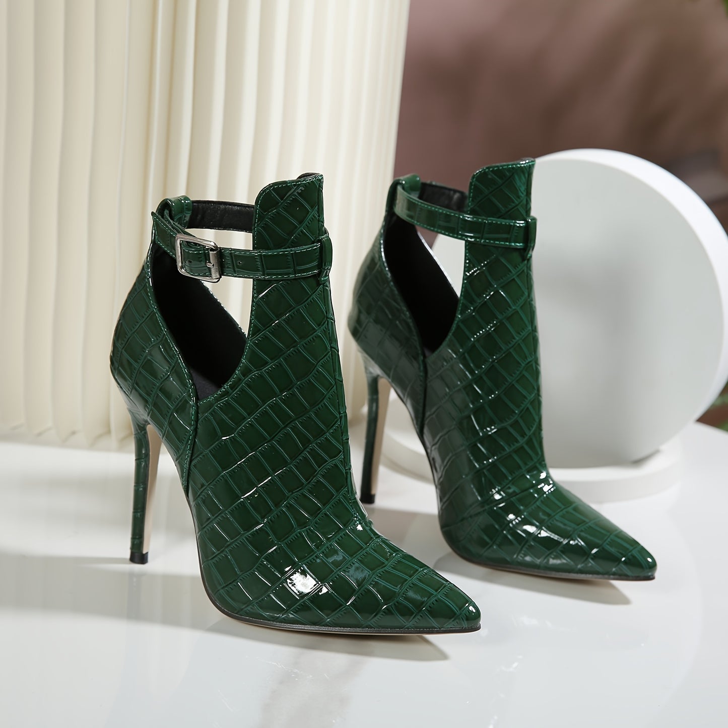 Women's green crocodile pattern ankle boots with stiletto heel, belt buckle detail, pointed toe, synthetic material, non-washable, all-season, rubber sole, and fabric insole.