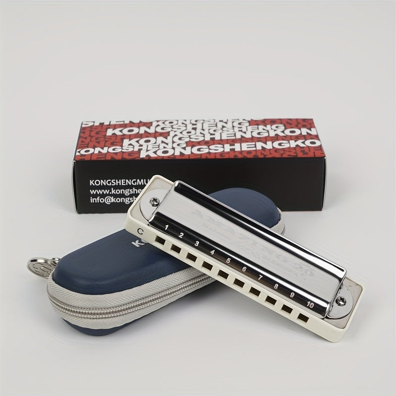 KONGSHENG Amazing 20 10-hole Diatonic Harmonica - Perfect for beginners and professionals. Includes zipper case, plastic comb, stainless steel cover, brass plate and phosphor bronze reeds.