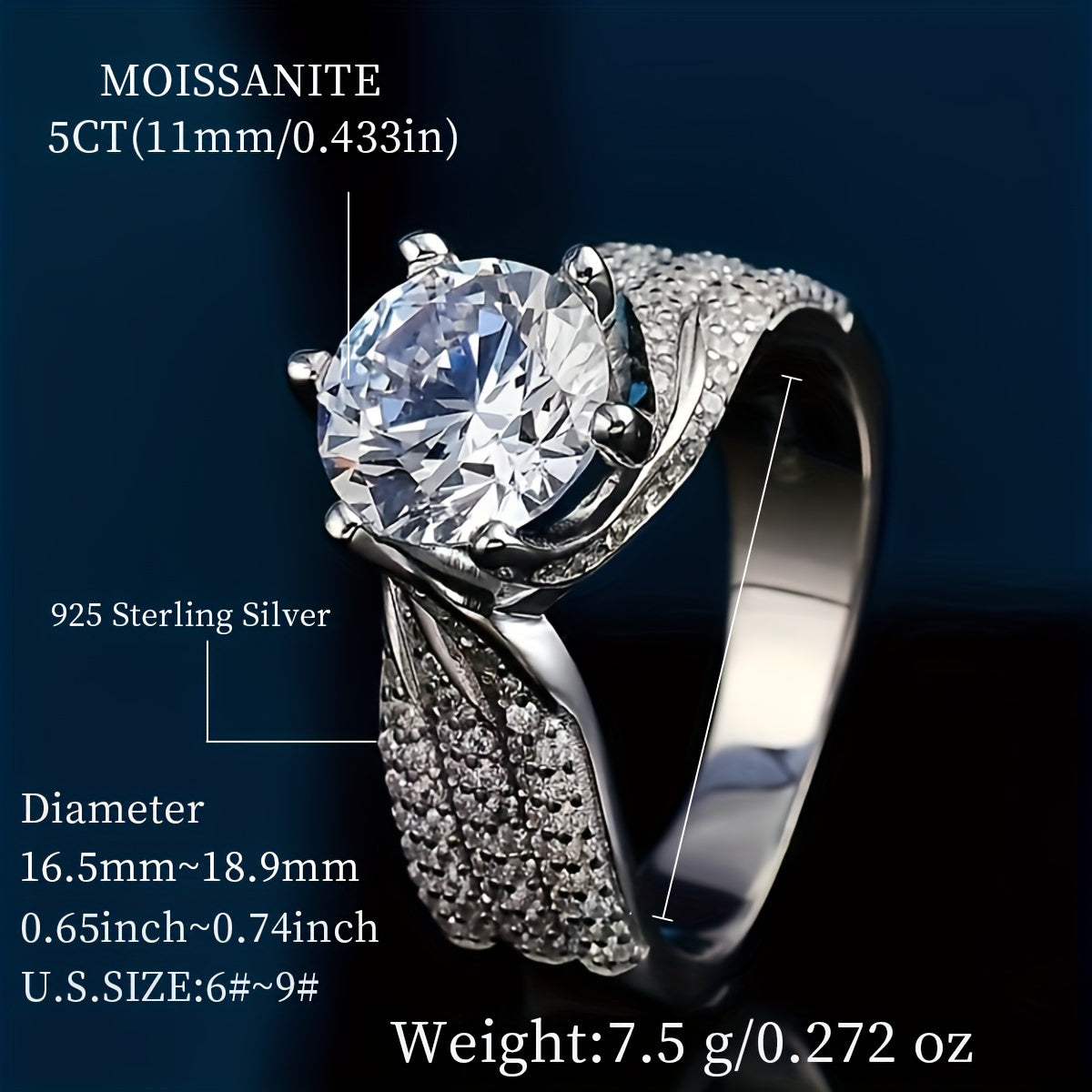 925 Sterling Silver Promise Ring with 3/5ct Moissanite stone, featuring a wide band paved with micro-shining zirconia for evening party decor. Comes with a certificate and box.