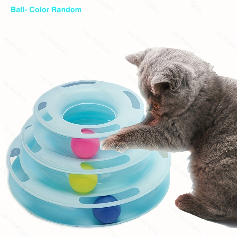 Three-level cat toy tower with rotating balls made of durable plastic. Provides entertainment and stimulation for pets, no batteries required. Various ball colors included.