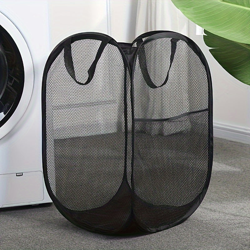 This fashionable and long-lasting mesh laundry hamper comes with a convenient handle, making it perfect for dorm rooms, travel, and bathrooms. Made of polyester, this versatile basket is designed to neatly store dirty clothes and is collapsible for easy