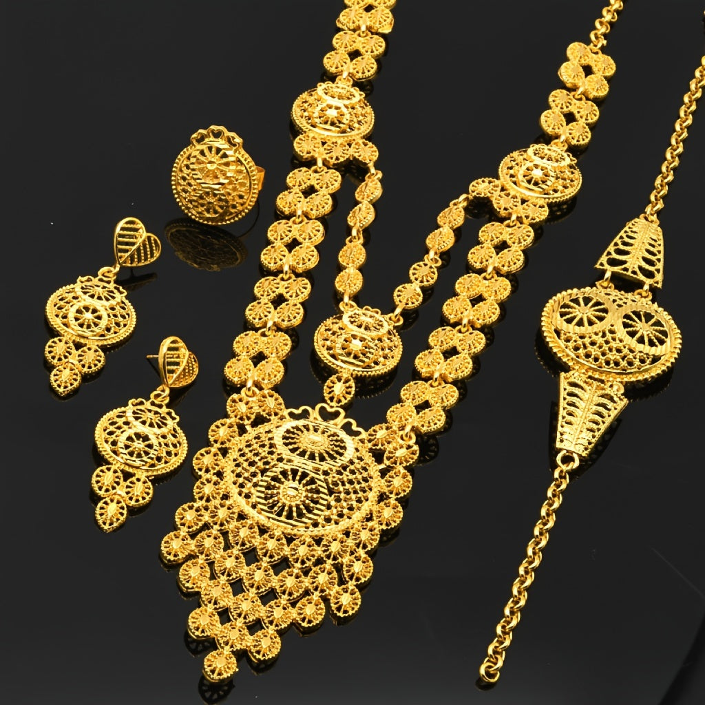 Extravagant 5-Piece Gold-Tone Jewelry Set with Intricate Hollow Carvings - Inspired by Bollywood Fashion, Includes Necklace, Earrings, Bracelet, and Ring - Ideal for Special Occasions like Weddings, Parties, and Ramadan Gifts for Women