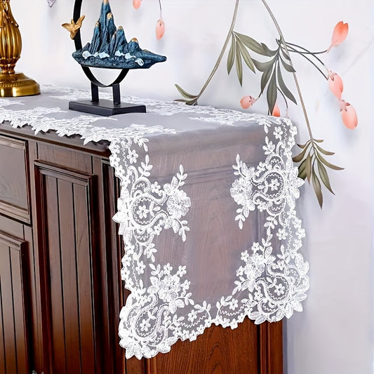 Elegant white lace table runner with floral embroidery - ideal for various occasions. Available in multiple sizes.