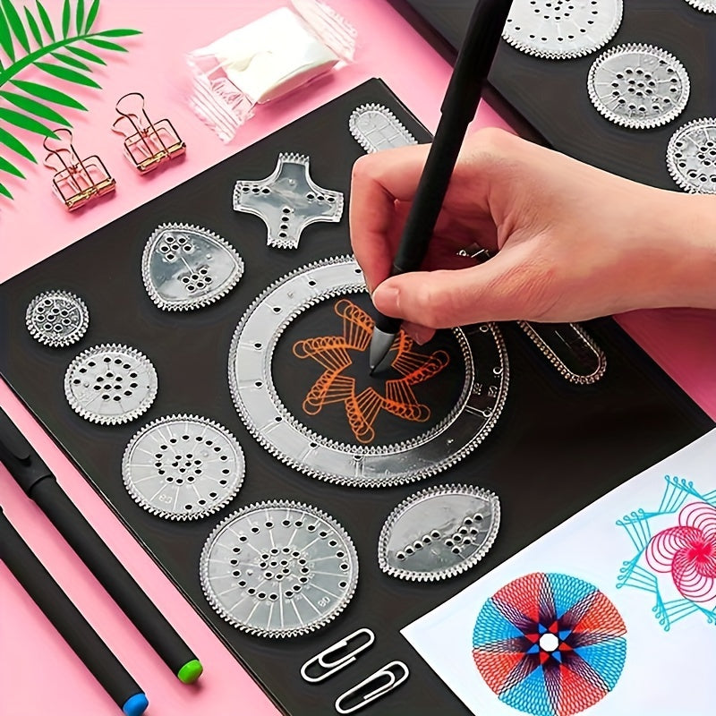 22-piece template ruler set for drawing various patterns, curves, gears, and creative educational accessories.