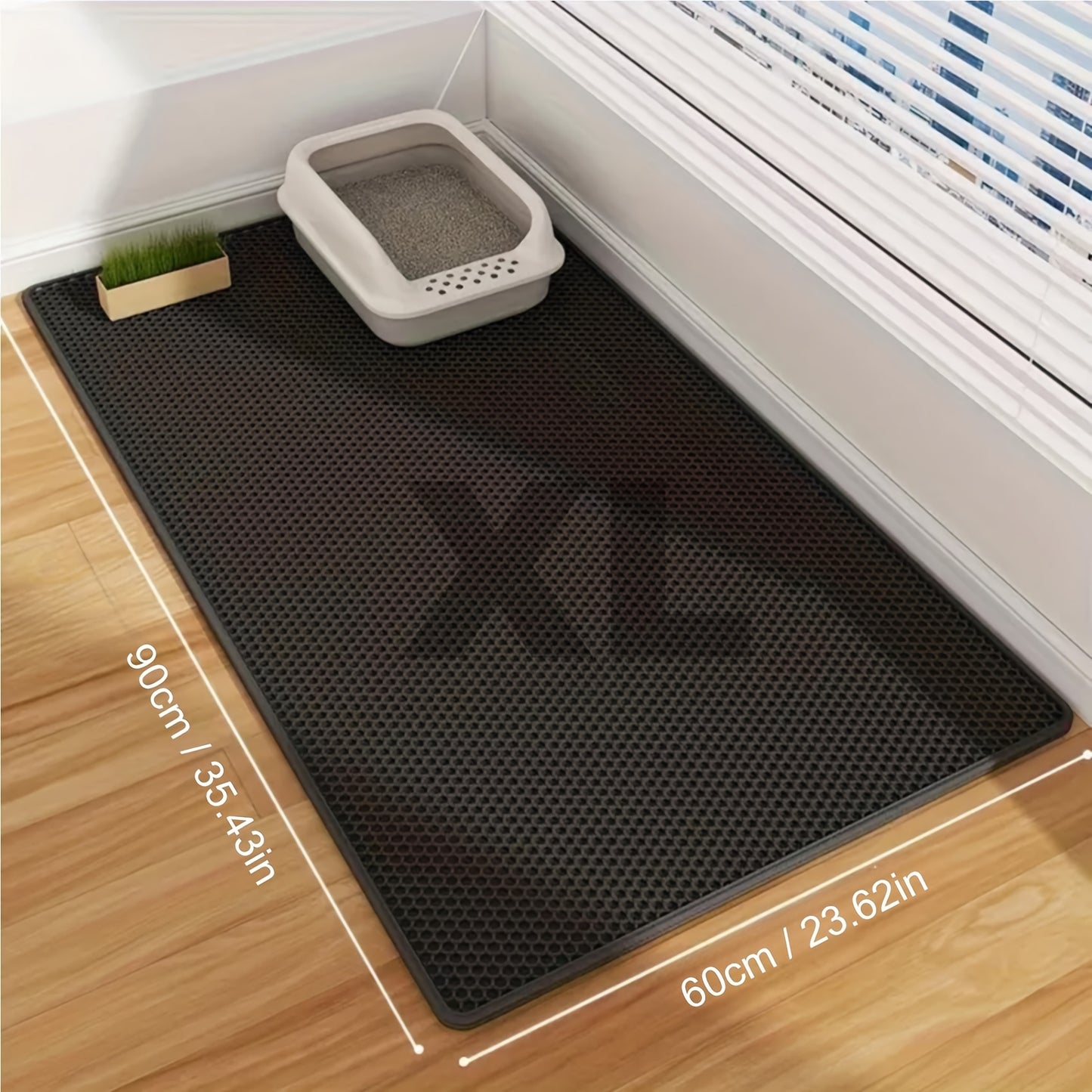 Large cat litter mat made of EVA material prevents spills and leaks, containing litter. Non-slip, washable, waterproof, and odor-resistant. Ideal for litter boxes and protecting pet items.