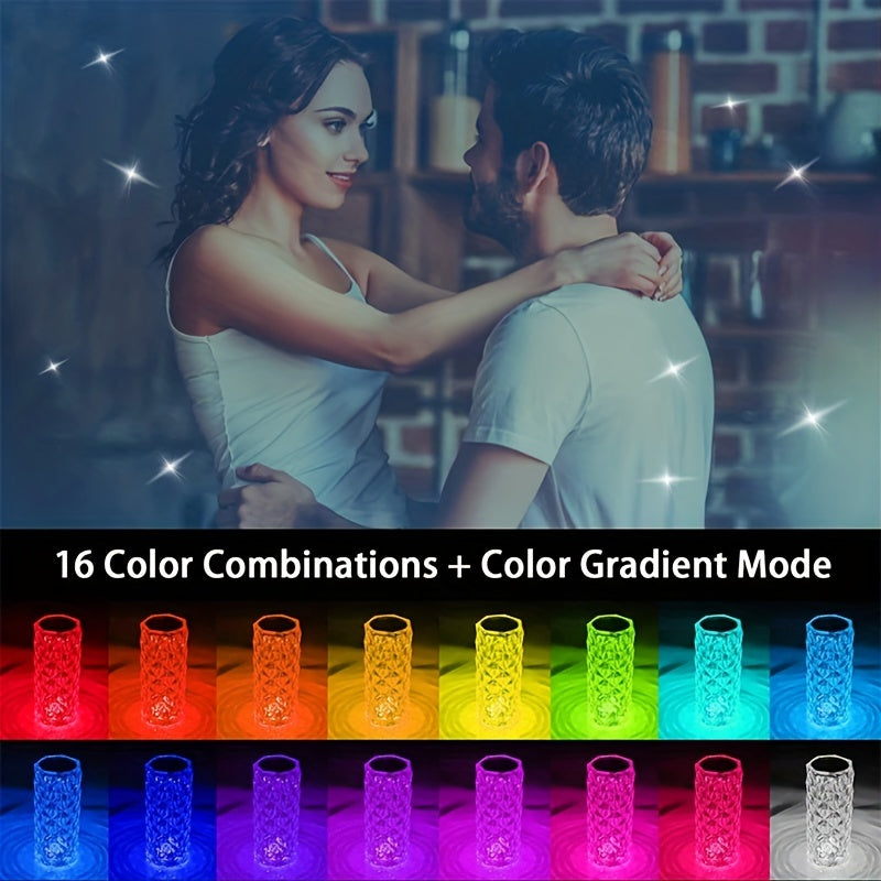 USB touch LED desk lamp featuring 16 colors, adjustable brightness, and a romantic atmosphere.