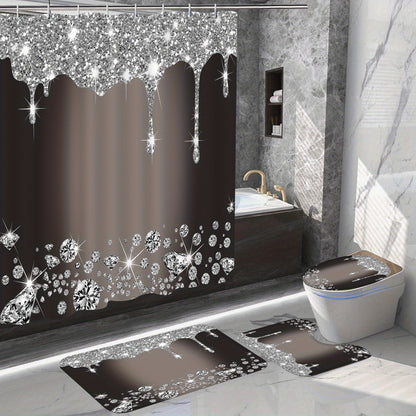 4-piece bathroom set with diamond-pattern shower curtain, 12 hooks, non-slip rugs, toilet cover mat, and partition for room decor.