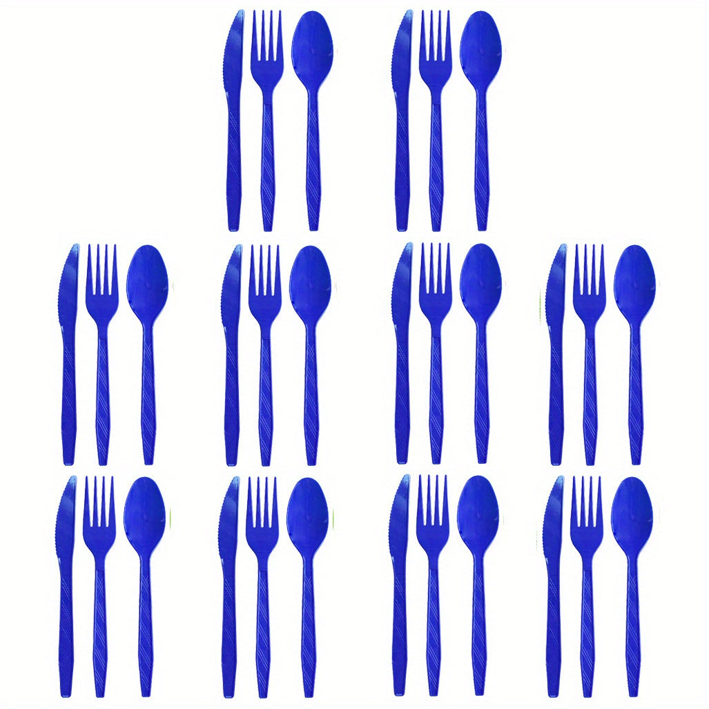 Set of 3 colored disposable plastic tableware pieces for weddings, birthday parties, and cake servings. Includes knives, forks, and spoons (30 pieces total).