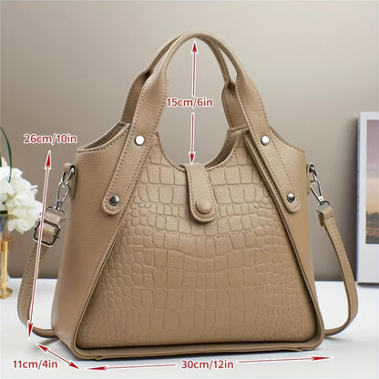 Women's Crocodile Pattern Shoulder Bag - Casual style faux leather handbag with zipper closure, polyester lining, adjustable strap, and elegant carry design