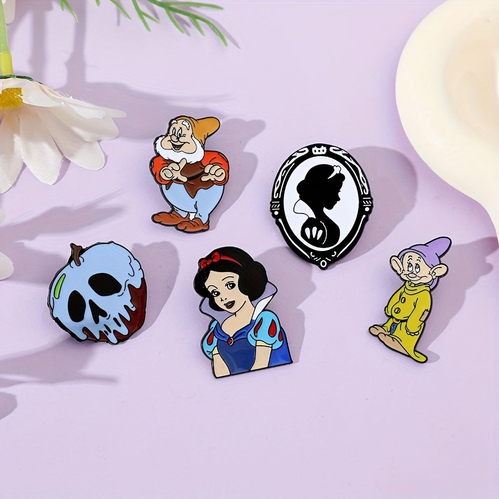 Set of 5 Enamel Pins - Adorable Snow White & The Seven Dwarfs Brooches, Made of Alloy Metal, Perfect for Clothing and Backpacks