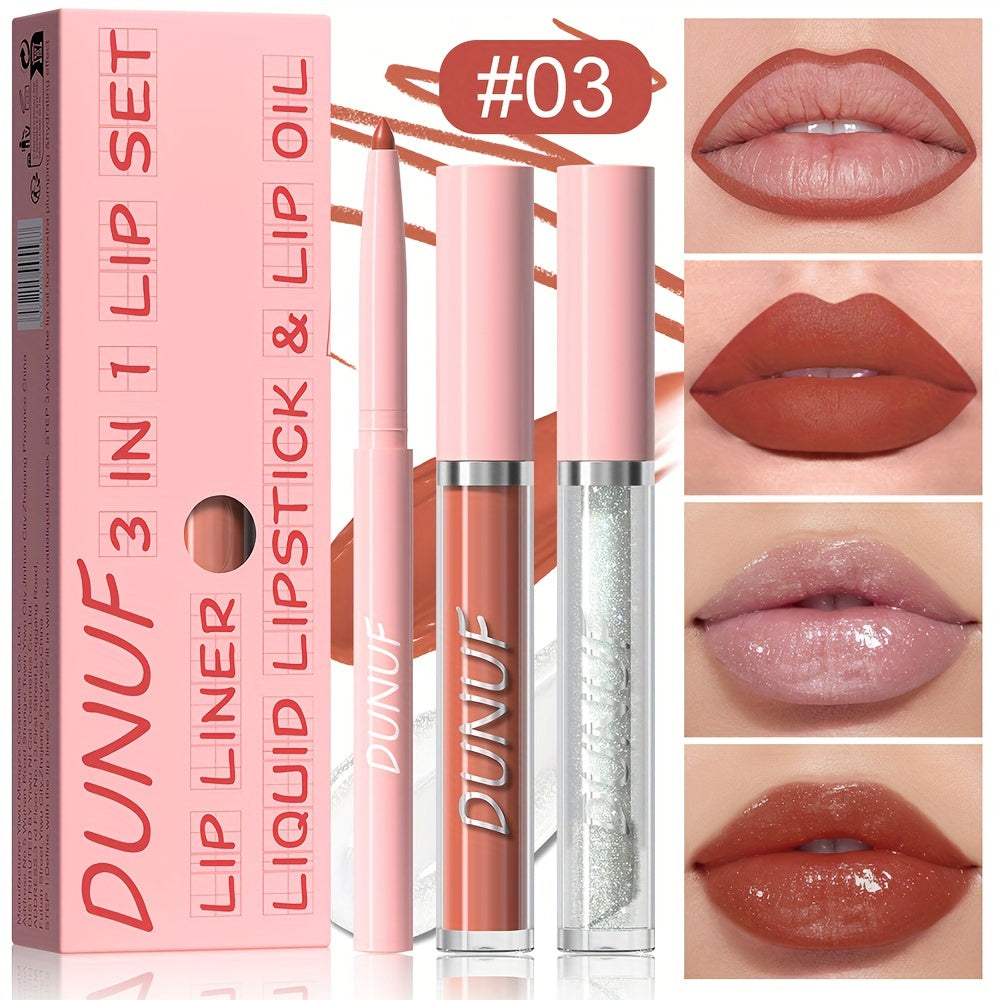 3-piece lip set with durable, waterproof, and sweat resistant formulas that are easy to apply and long-lasting. Includes lip gloss, lip liner, and lip glaze for a matte finish.