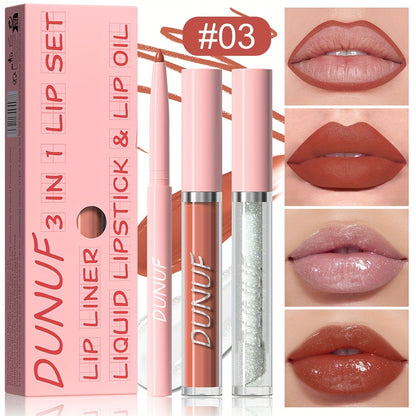 3-piece lip set with durable, waterproof, and sweat resistant formulas that are easy to apply and long-lasting. Includes lip gloss, lip liner, and lip glaze for a matte finish.