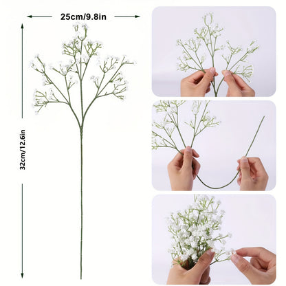 10 elegant white artificial baby's breath flowers with long UV-resistant stems for DIY floral arrangements and home decor, perfect for weddings, parties, and special occasions.