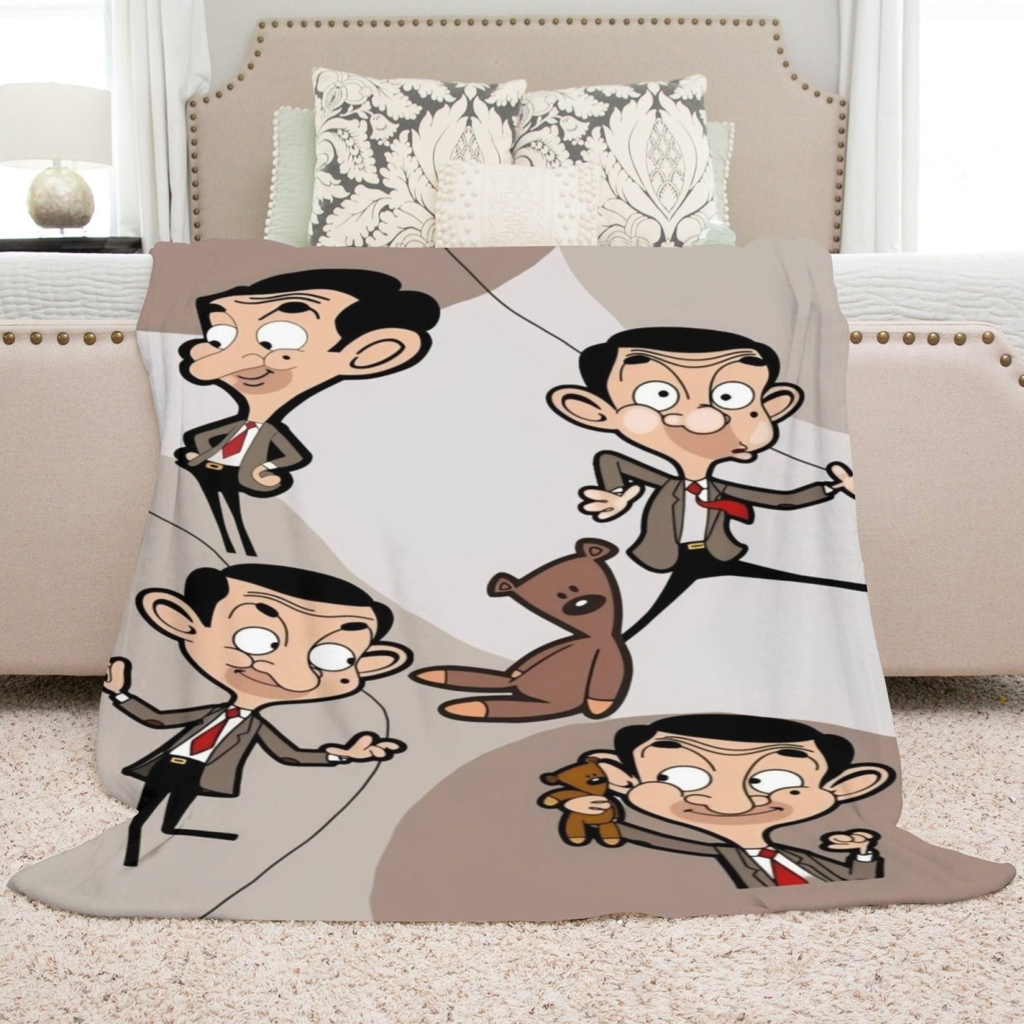 Soft Flannel Throw Blanket featuring Mr. Bean & Friends - Perfect for All Seasons, Durable and Reversible - Great for Sofa, Office, Bed, Camping, and Travel - Adorable Cartoon Design in Various Colors, Easy to Clean in the Washing Machine