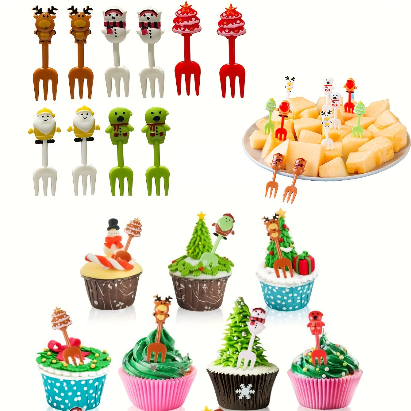 10-piece Christmas cartoon fruit fork set featuring creative animal designs for bento lunch box decor, holiday parties, and home decoration.