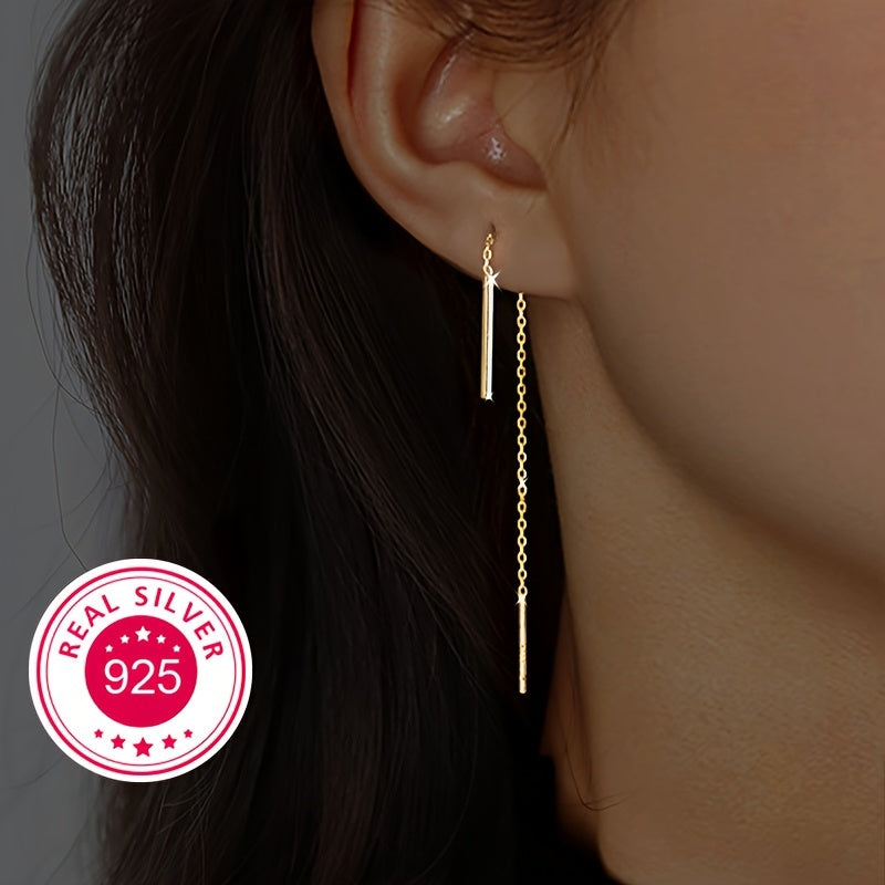 These stunning 925 sterling silver tassel earrings feature a sleek straight-line design and can be styled in multiple ways. Plated with 18k gold, they shine and sparkle brilliantly. Perfect for a Valentine's Day gift, they come beautifully packaged in a