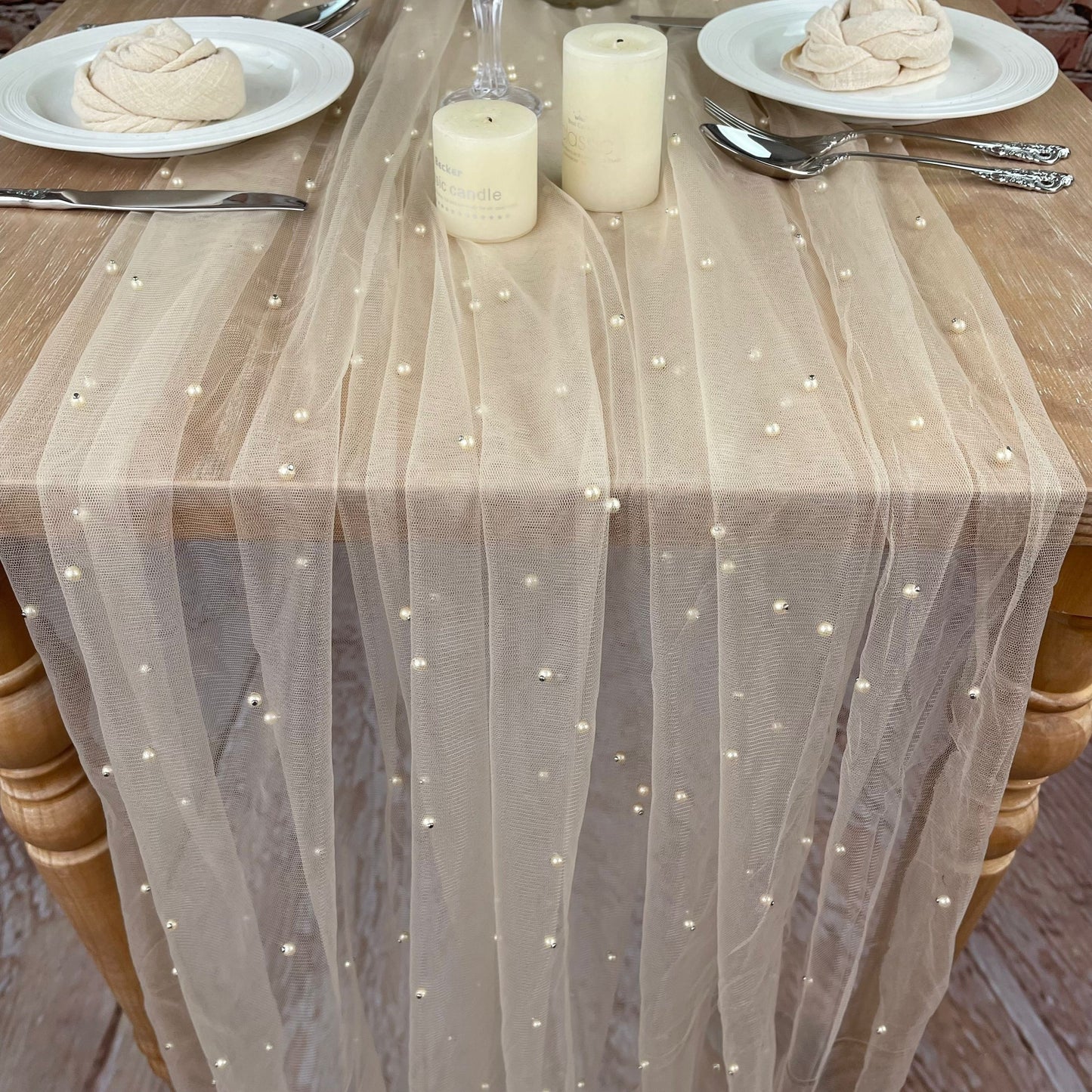 One Pearl Chiffon Table Runner for Wedding Reception or Bridal Shower Decor.