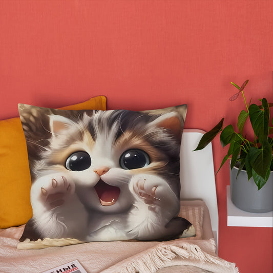 Adorable big-eyed kitten pillow cover in contemporary style with velvet print, machine washable and zip closure. Versatile for various room types. Size: 45.72x45.72 cm. Decorative pillow cover only, insert not included.