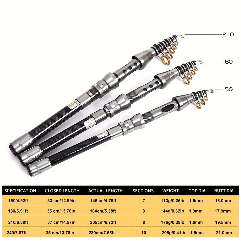 Telescopic fishing rod made of carbon fiber; adjusts from 1.5m to 2.4m for saltwater casting.