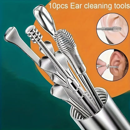 10-piece stainless steel earwax cleaning tool set: includes spiral rotating ear spoon and ear pick spoon for cleaning and collecting earwax.