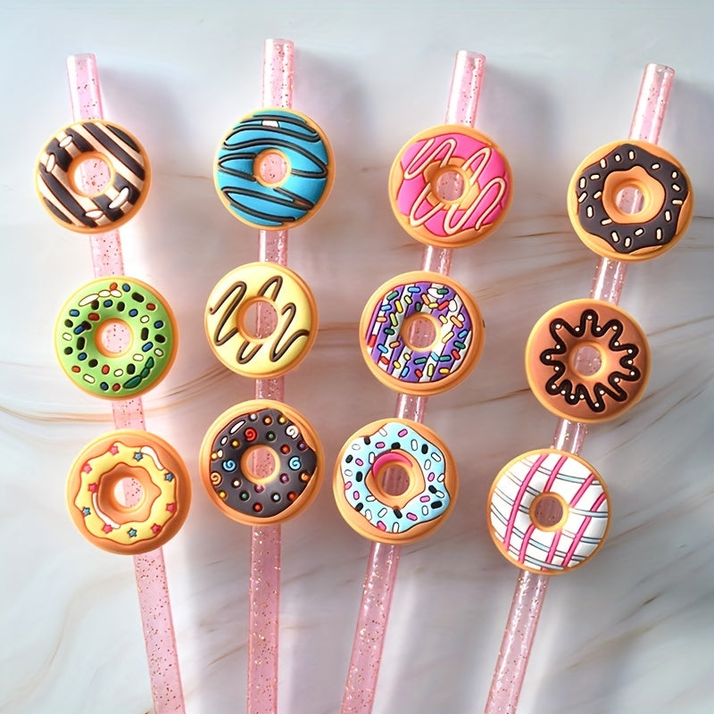 Set of 12 Donut-Shaped Straw Toppers, Made of Plastic, Environmentally Friendly with No Electricity Needed, Perfect for Parties and Gifting as Fun Decorations