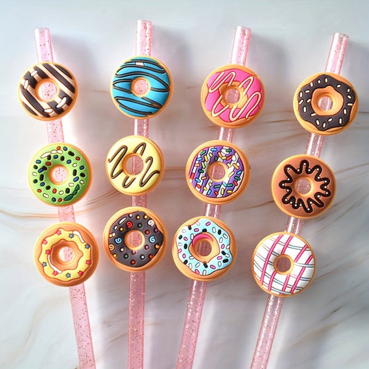 Set of 12 Donut-Shaped Straw Toppers, Made of Plastic, Environmentally Friendly with No Electricity Needed, Perfect for Parties and Gifting as Fun Decorations