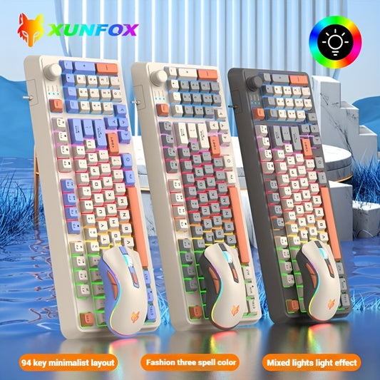 1pc XUNFOX 94-Key Mechanical Gaming Keyboard and Mouse Combo, USB Wired, Lightweight, RGB Backlit, Smart Knob, Ideal for Gamers.