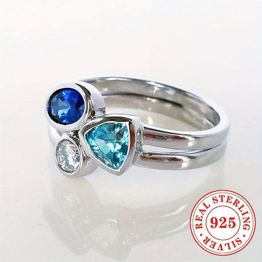 925 Sterling Silver Vintage Style Synthetic Sapphire Ring, featuring the September Birthstone. This Women's Fashion Statement Ring is perfect for both daily wear and special party occasions, weighing 3.2g.