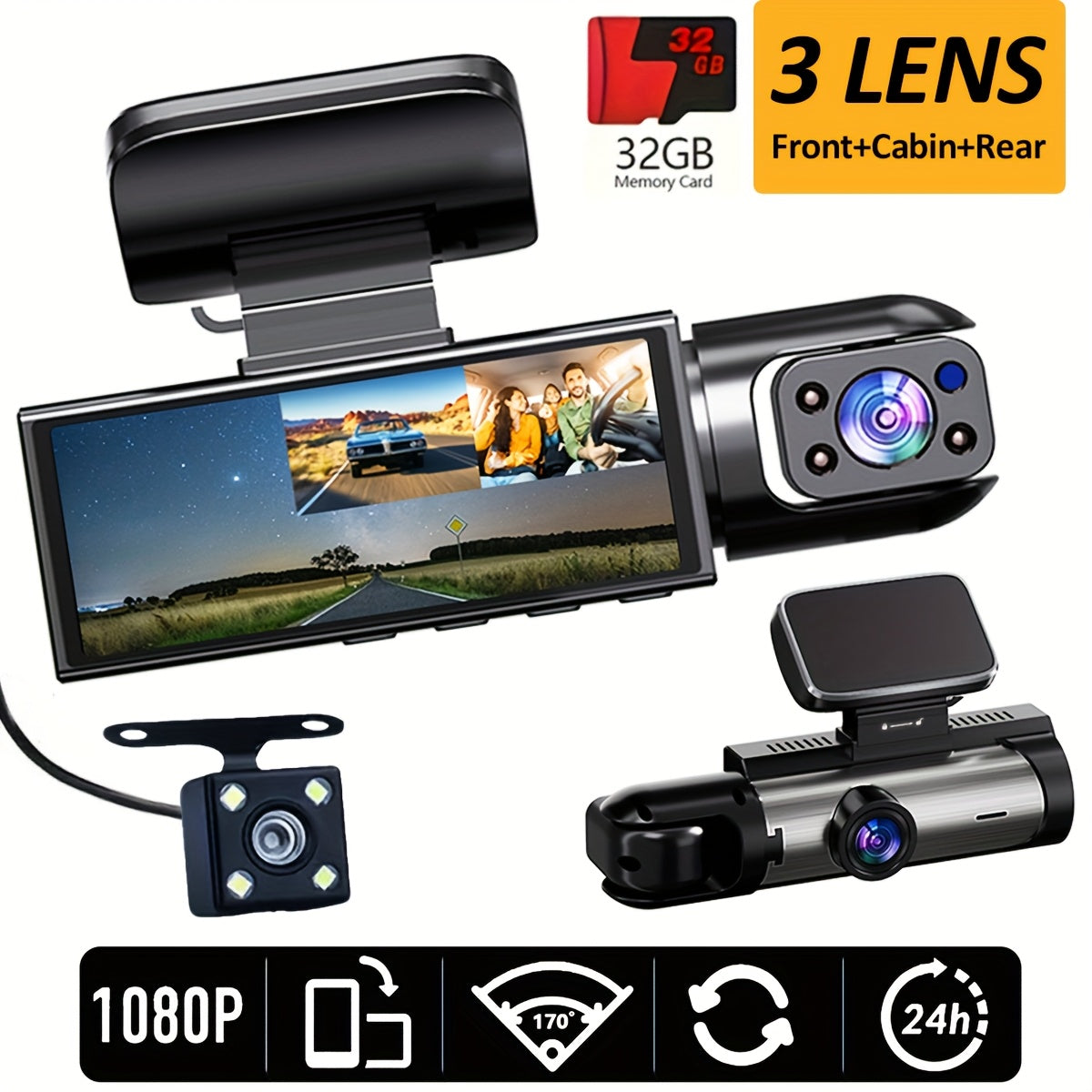 ZKCAMSPY 1080P Full HD 3-Channel Dash Cam with Front 1080P, Rear & Interior Cameras 720P - LED Display, Button Control, 32GB Memory Card Included, Easy Installation - Dash Camera for Cars.