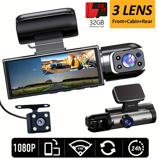 ZKCAMSPY 1080P Full HD 3-kanalli Dash Cam, old tomoni 1080P, orqa va ichki kameralar 720P - LED ekran, tugma boshqaruvi, 32GB xotira kartasi kiritilgan, oson o'rnatish - avtomobillar uchun dash kamera.