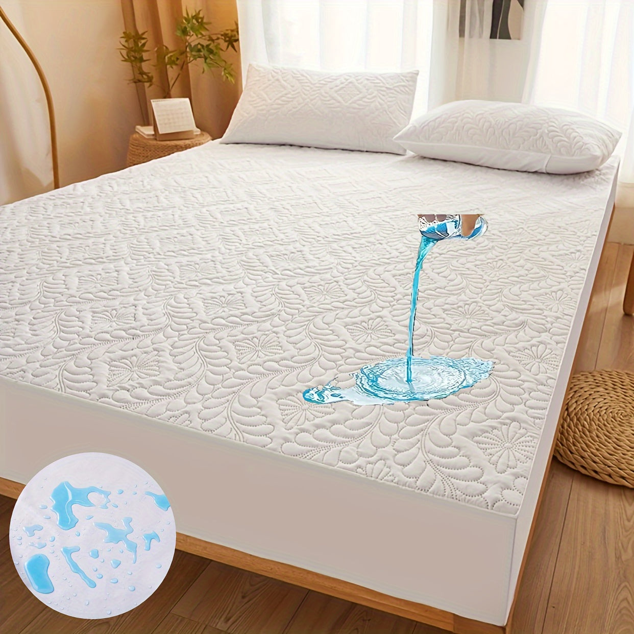 One piece mattress cover that is clip-on, waterproof, and stain-proof. This fitted sheet does not include a pillowcase or pillow insert. It is made of soft and comfortable solid color bedding material. Suitable for use in home bedrooms and guest rooms.