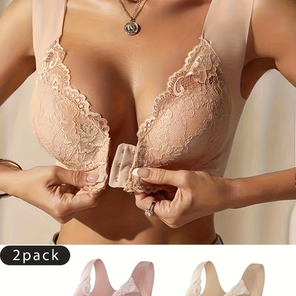 Solid floral lace wireless bra with front closure, comfortable push-up style for women's lingerie.