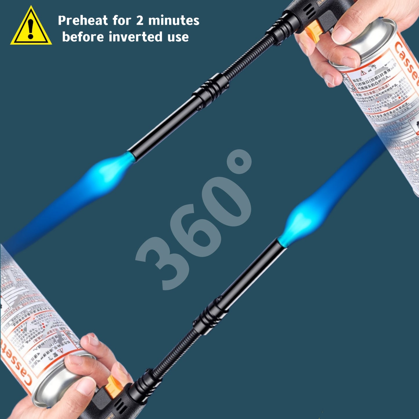 Portable 1 Butane Torch with Extended Hose for outdoor use, featuring a 360° rotatable cassette torch that reaches temperatures up to 1500℃, suitable for charcoal, cooking, barbecue, and