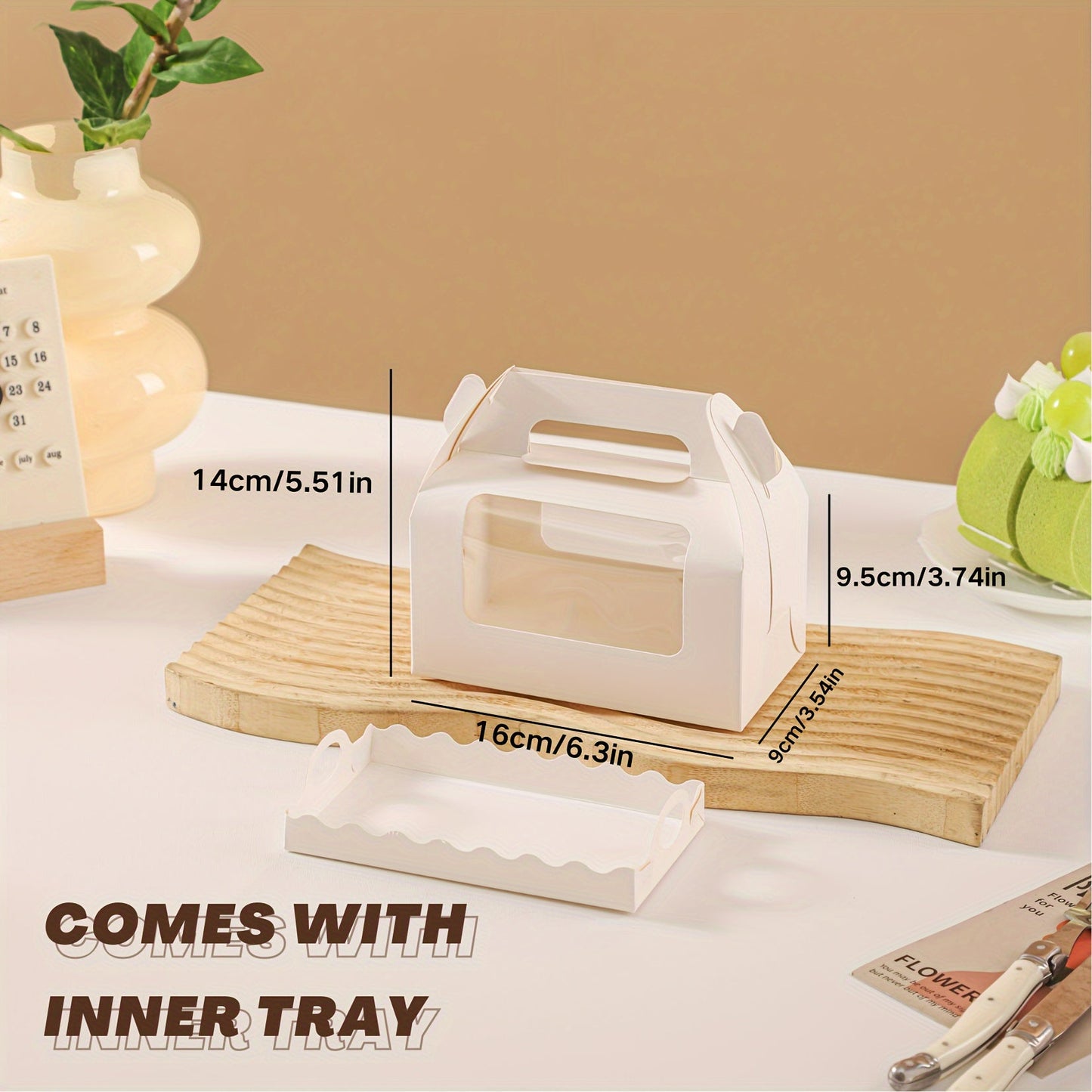 Get 5 or 10 pieces of portable cake boxes in 2 sizes, featuring a window to display your treats. These white paper cardboard bakery boxes are perfect for Swiss rolls, pastries, cupcakes, muffins, cookies, pies, and more. Use them for gift wrapping or as