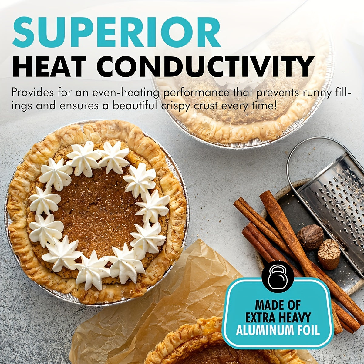 Get 50 pieces of 12.7 cm heavy-duty disposable aluminum foil pie pans for baking personal mini pies. These mini pie tins are perfect for easily stacking and storing, and can also be frozen and reheated.