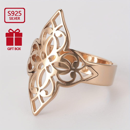 This adjustable ring is made of 925 sterling silver and features a simple ethnic style lucky rich flower design with a hollow four-sided paper-cut flower. It is suitable for wearing at party activities and makes a perfect surprise small gift for family