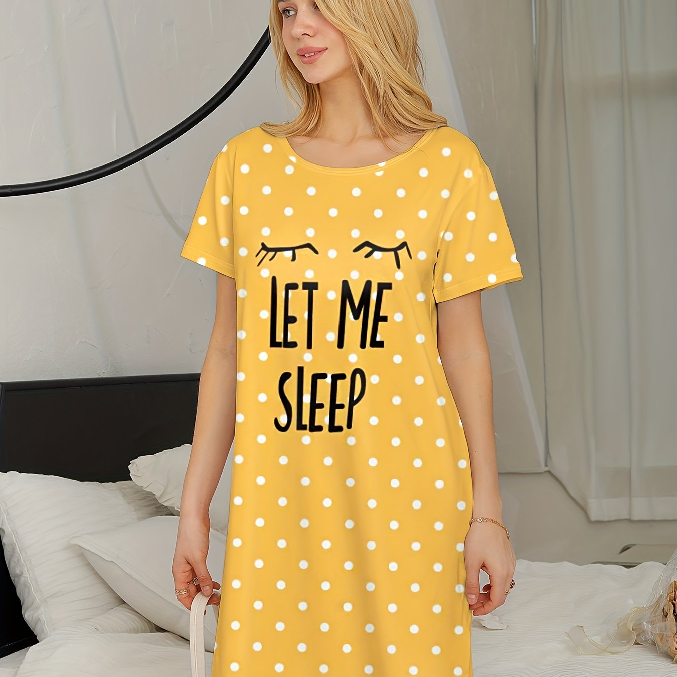 2023 Pink Polka Dot Women's Nightgown - Short Sleeve, Round Neck, Soft Polyester & Elastane Blend, Machine Washable Summer Sleep Dress