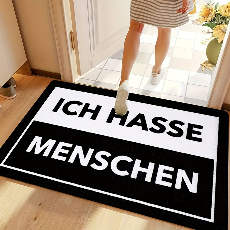 Anti-Stain Polyester Doormat with "ICH HASSE MENSCHEN" Design - Machine Washable, Low Pile Indoor Entrance Mat - Easy to Clean Home Decor Rug - Durable 1cm Thick Rectangle Mat - Machine Made Carpet for Small Spaces (Less than 2.16m², Shortest Side under