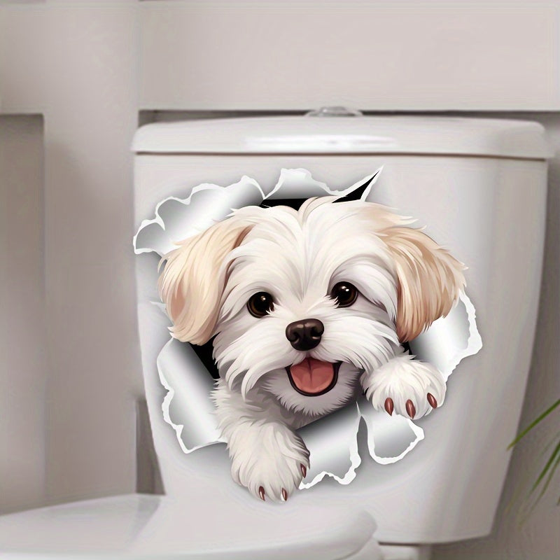 White dog toilet decal for easy stick and removal, ideal for home decor.