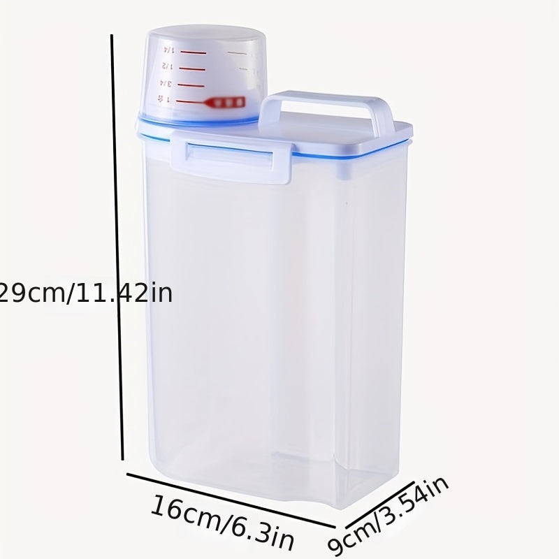 Large capacity cereal storage container with measuring cup, designed for storing rice, cereals, grains, flours, dog food, and pet food. This moisture-proof and insect-proof sealed storage container is perfect for keeping your food fresh. Use as a