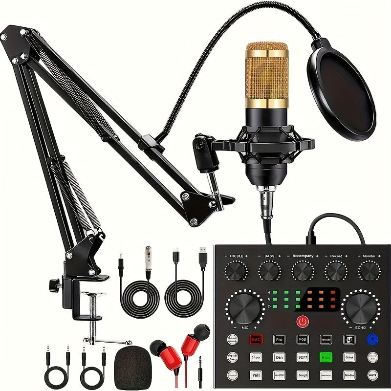 Podcast equipment set with BM-800 microphone, V8s+ sound card, and condenser microphone for laptop vlog live streaming.