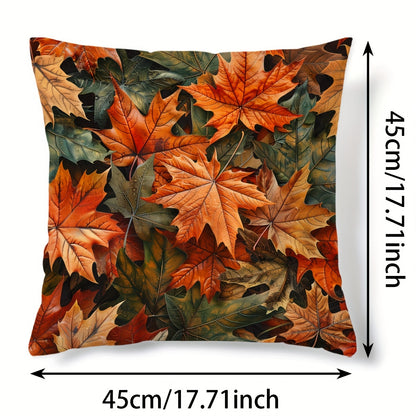 Autumn-themed pillow cover with pumpkin, sunflower, and maple leaf design. Single-sided print, zip closure, hand washable polyester, suitable for sofa and bedroom decor.