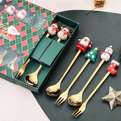 Christmas-themed stainless steel cutlery set includes 4 or 6 pieces in a gift box, featuring Santa, Christmas tree, and reindeer figurine designs. Perfect for serving desserts, cakes, fruit, and coffee during the holiday season. Great gift idea for