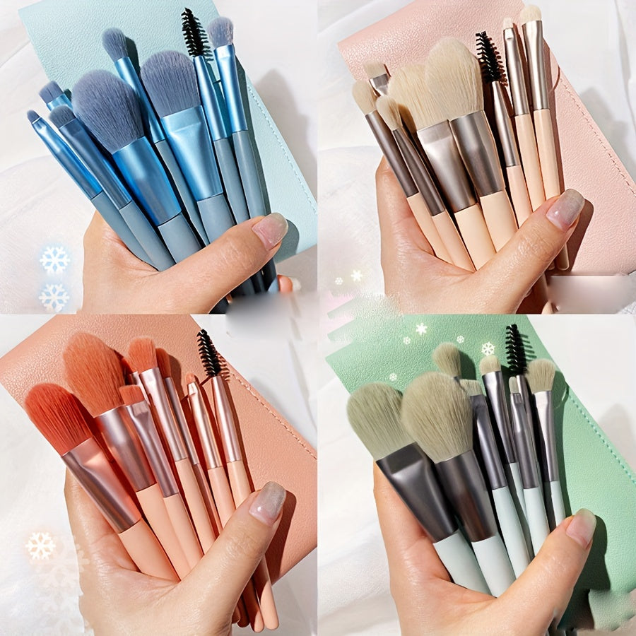 8 soft, portable facial makeup brushes in blue for entry-level beauty tools. Includes eyeshadow, nose shadow, blush, lip brush, eyelash comb, and travel powder brush. Ideal gift for beauty