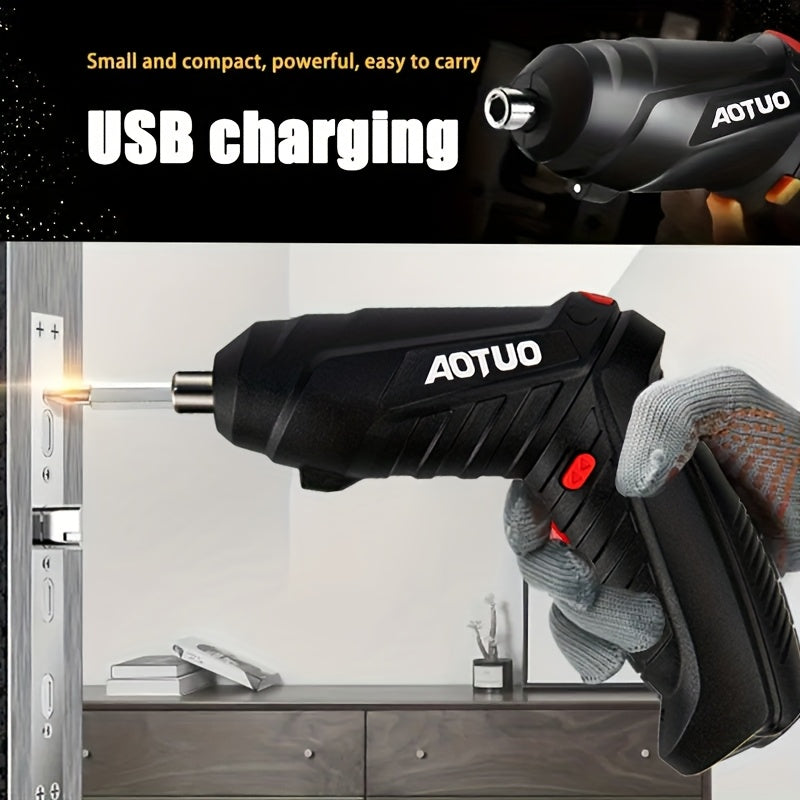 47-piece portable electric screwdriver set with USB charging, 90° folding hand drill, reverse rotation, and lithium battery for home DIY repair.