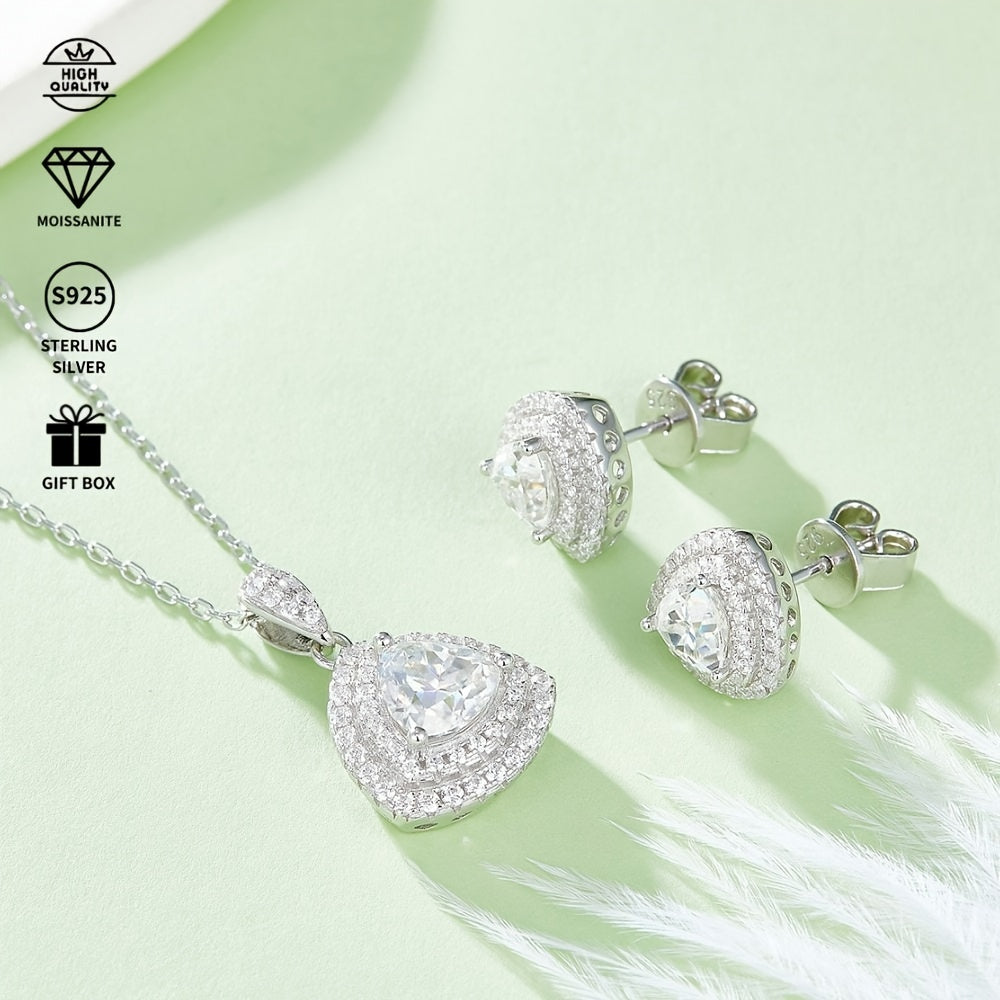 Experience elegance with the SEVENMOONS Luxury Moissanite Jewelry Set. Crafted with 925 sterling silver and platinum plating, this set features a stylish triangle pendant necklace and matching stud earrings. Perfect for adding a touch of glamour to any