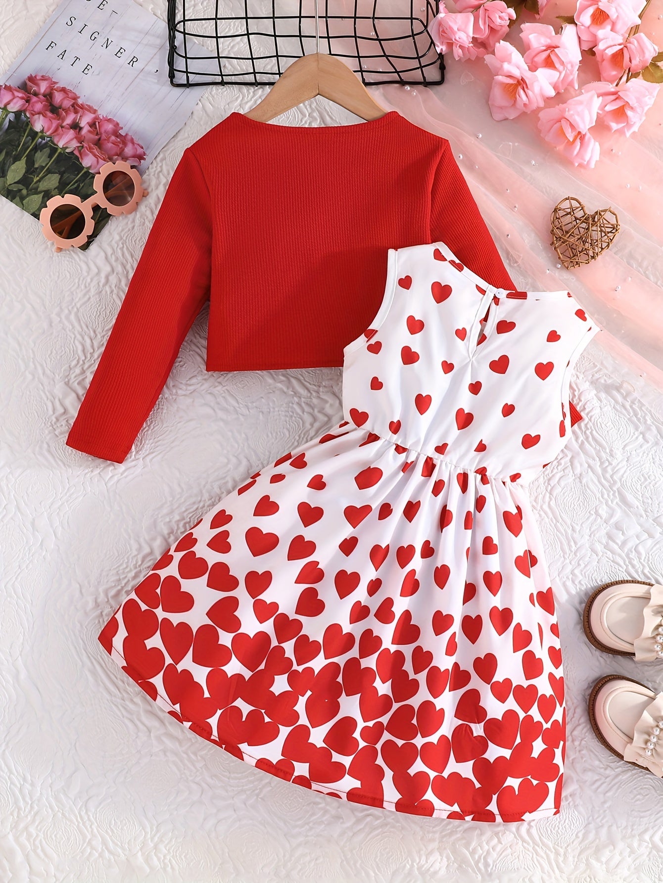 Romantic 2pcs Valentines Day Outfit for Girls - Long-sleeved Cardigan + Sleeveless Sundress Set